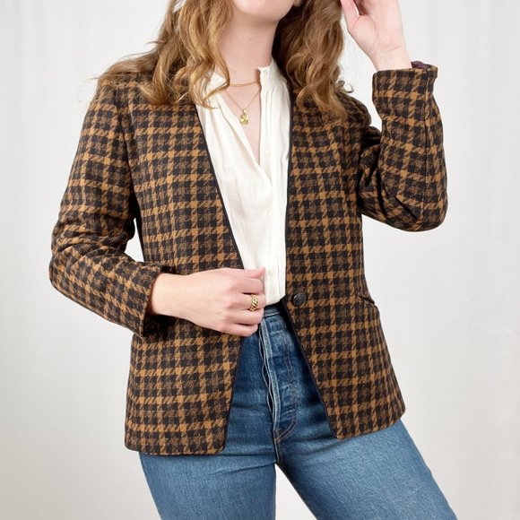 Vintage Union Made Oversized Wool Houndstooth Tweed Knit Plaid Blazer Suit Coat - Picture 2 of 10